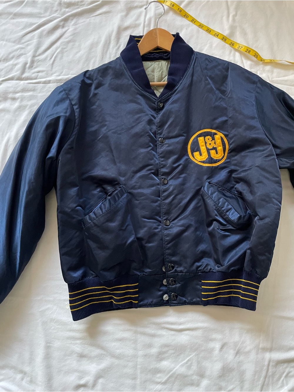 Delong Navy Satin Bomber Jacket. Patch can be removed.